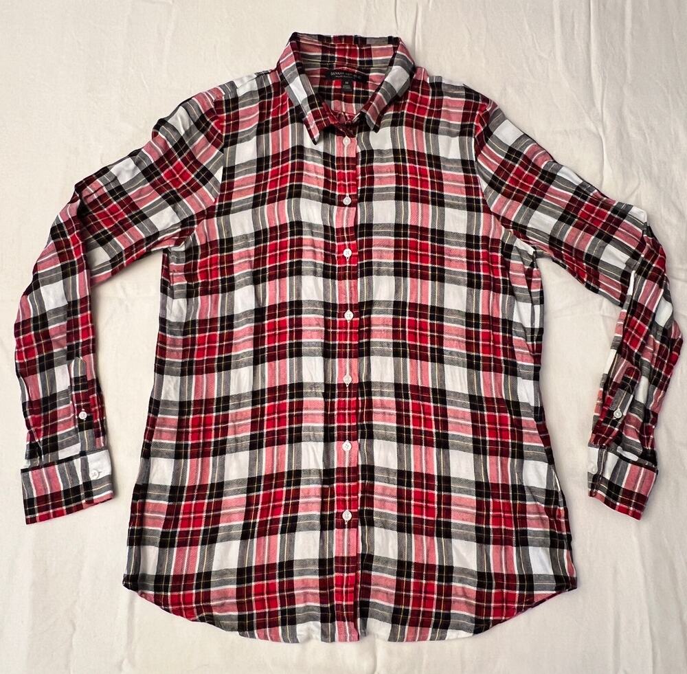 Banana Republic Plaid Tunic Shirt M Red Black White Rayon Button Down